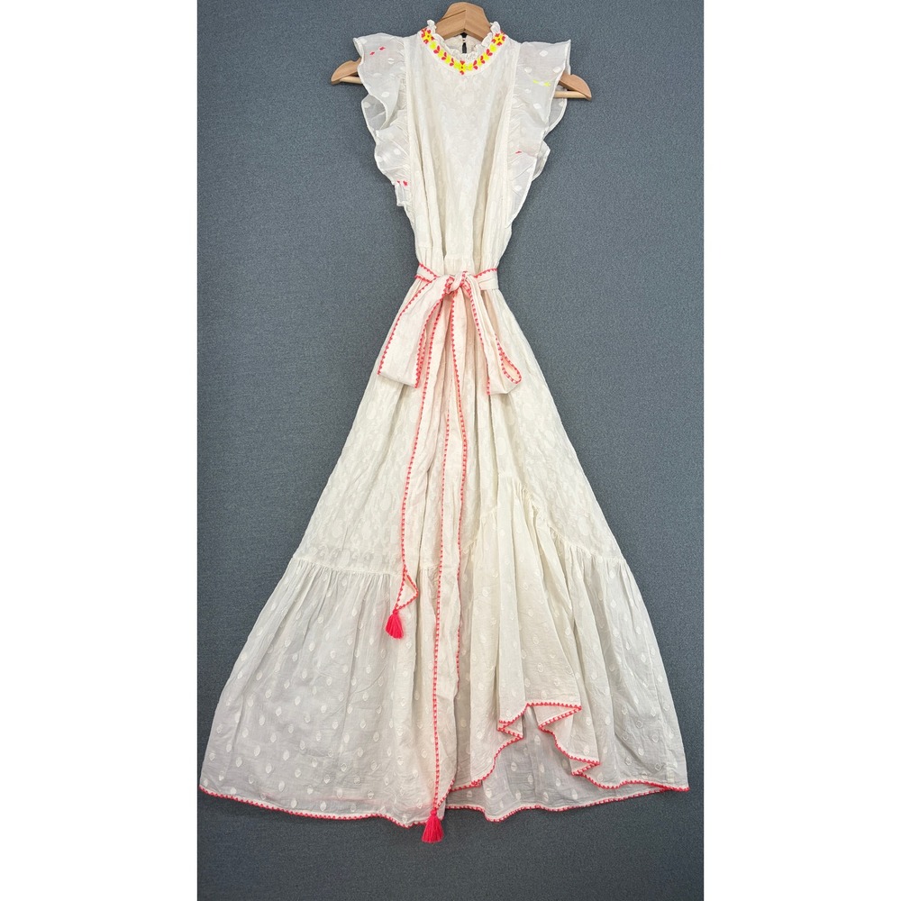 Banjanan White Cotton Eyelet Maxi Dress Neon Embroidery Flutter Sleeve XS Boho
